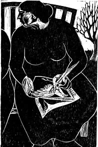 wood cut of a woman drawing a bird