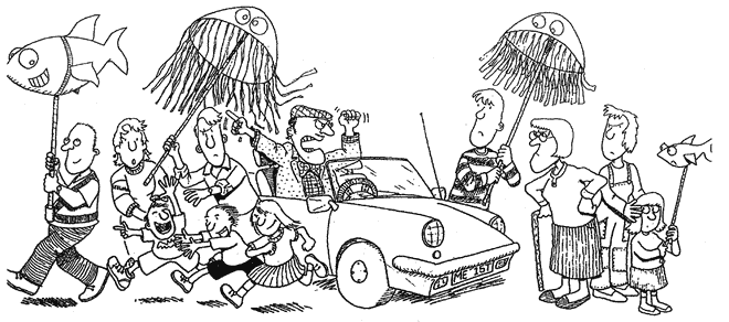 A drawing of a procession