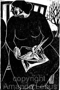 wood cut of a woman drawing a bird